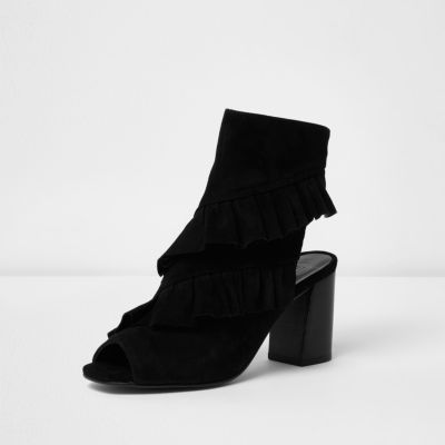 Black suede frill peep toe ankle boot